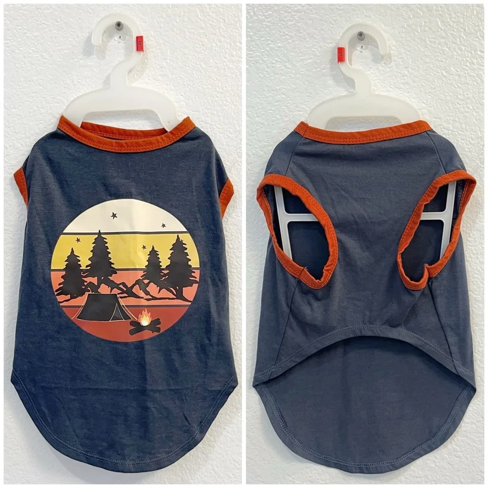 Frisco by Chewy | Dog Camping Graphic Tee | Size Medium, Steel Blue/Rust